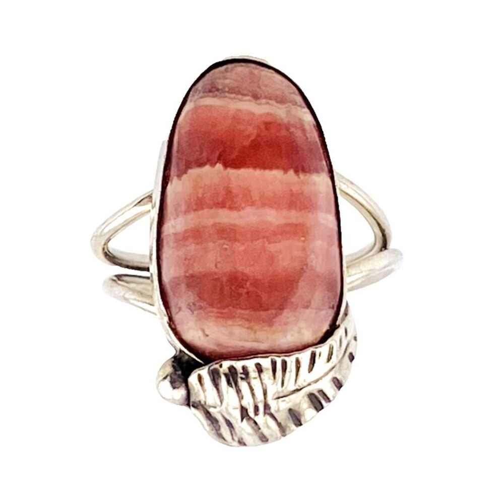 Vintage Rhodochrosite Sterling Silver Southwest Ring with Feather Sz 7.25